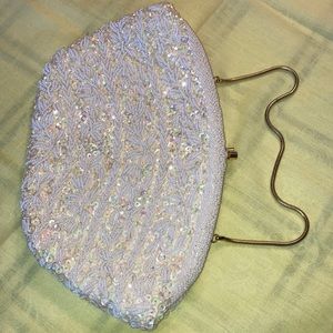 Vtg. HANDMADE wh. evening bag, beaded w/pearls, beads & MOP sequins.     $89